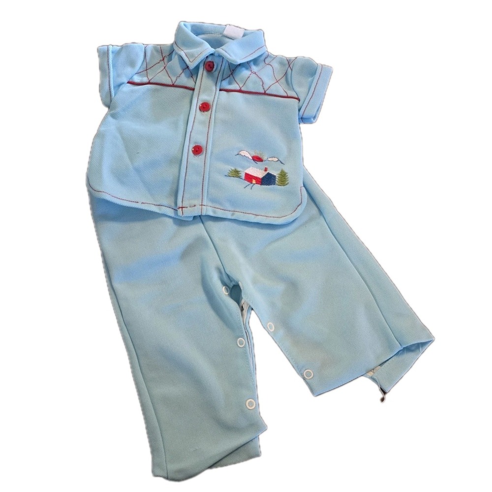 Vintage 70s 80s Baby Outfit‎ Pants Shirt Blue Red 6-9 Months? Cabin Scene Snaps